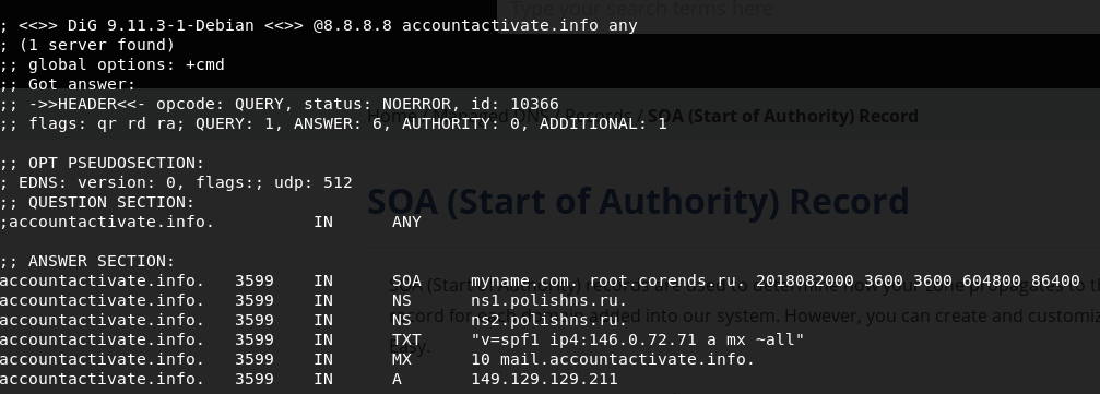Results of the command: dig @8.8.8.8 accountactivate.info any